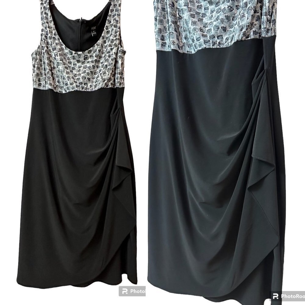 MSK sparkled check bodice cocktail high slit drapped dress, women's SZ 10